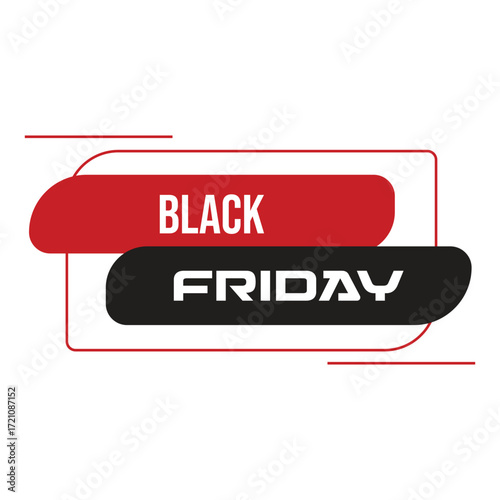 Black Friday message presents bold white lettering inside geometric black and red shapes