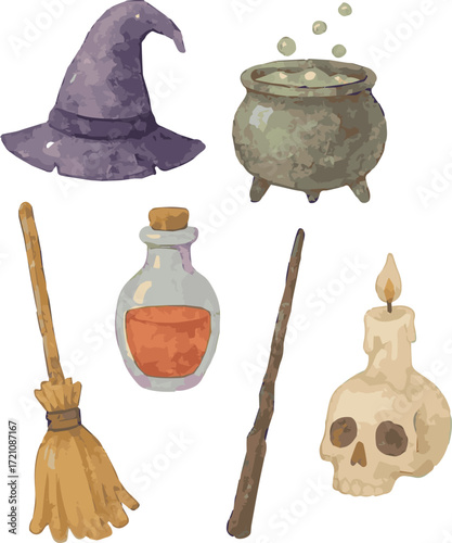 Collection of watercolor painted illustrations of which stuff sich as a hat, a cauldron and more
