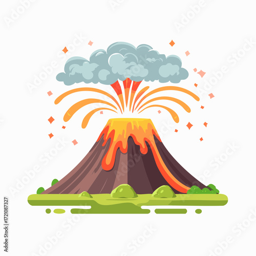 Cartoon illustration of a volcano erupting with lava and smoke.