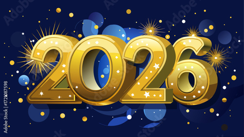 Golden 2026 with stars on a blue background