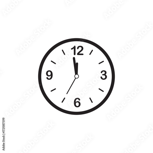 Black and white wall clock icons, vector illustration of analog timepieces, modern round clock designs, isolated watch face set for decor