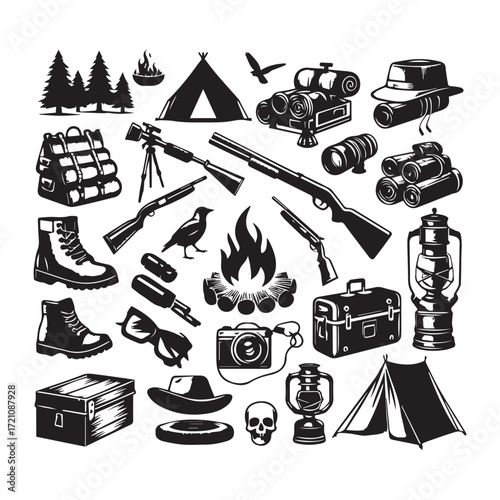 Black silhouette icons of hunting and camping gear on a white background tent rifle