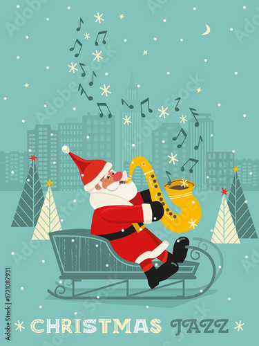 Christmas Jazz hand drawn cute poster. Funny Santa saxophonist in sleigh play Christmas melody on sax cartoon design illustration. Winter holiday season jazz live music concert event background