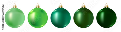 Realistic bright green Christmas balls set isolated on white background. Clean 3D ball, vibrant color shades from light to dark and emerald green gradient. Vector clipart, New Year decoration.
