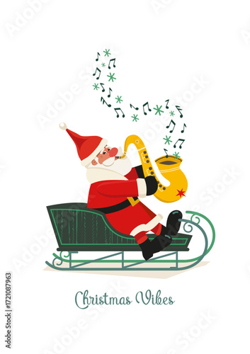 Christmas Vibes hand drawn cute vector icon. Funny Santa in sleigh play Christmas melody on sax cartoon design element illustration. Winter holidays season jazz live music concert event background