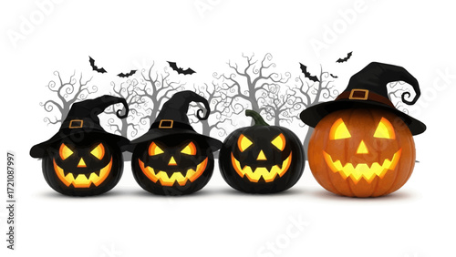 Spooky Halloween Pumpkins: A collection of grinning Jack-o'-lanterns in a festive row, each adorned with a witch's hat, set against a backdrop of eerie trees and fluttering bats.