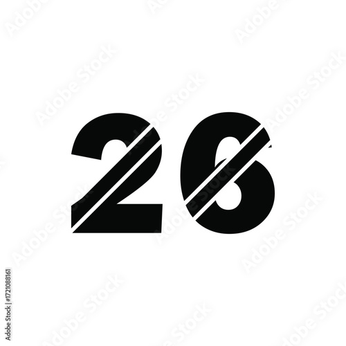 Bold black number twenty six with diagonal white stripes