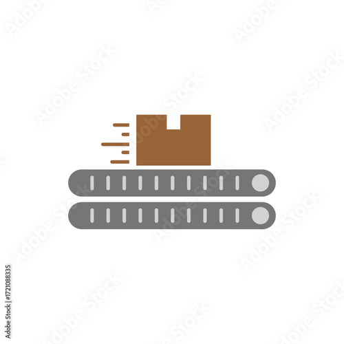 Efficient conveyor belt system moving a brown package box rapidly in a modern logistics factory or warehouse for fast shipping and reliable delivery operations.