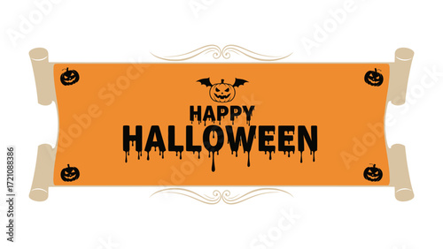 Halloween Banner: A festive banner proclaims Happy Halloween, adorned with pumpkins and a bat, creating a spooky and cheerful atmosphere for the holiday season.