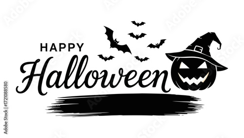 Happy Halloween Design: A spooky Happy Halloween graphic, featuring a grinning jack-o'-lantern wearing a witch hat, with bats taking flight, all above a stylized brush stroke.