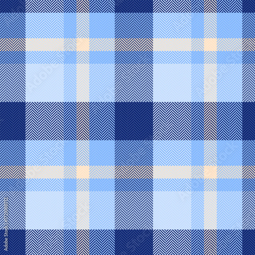 Classic blue herringbone plaid pattern. Seamless textile design, ideal for backgrounds, apparel, and graphic projects needing a refined, timeless texture. Versatile, stylish.