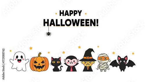 Spooky Halloween lineup: A whimsical array of iconic Halloween characters is cheerfully arranged beneath festive holiday greetings. Capturing the playful spirit and cheerful energy of Halloween.