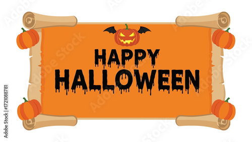 Halloween Banner: A vibrant and festive banner proclaims Happy Halloween, adorned with carved pumpkin, bats, and rustic scroll frames, evoking the spooky spirit.
