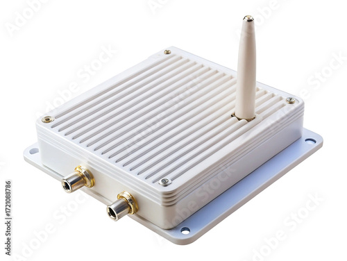 Close up view of white box enclosure with antenna and gold connectors