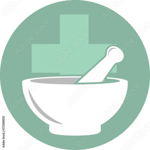 Pharmacy mortar and pestle icon with a medical cross symbol in a green circle, representing health and traditional medicine preparation.