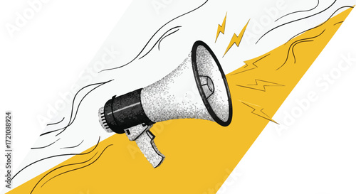 Illustration of a megaphone with sound waves emanating from it on a yellow background.