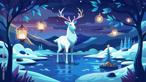Deer standing in water at night scene