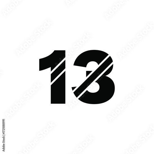 Bold black number thirteen with diagonal stripes