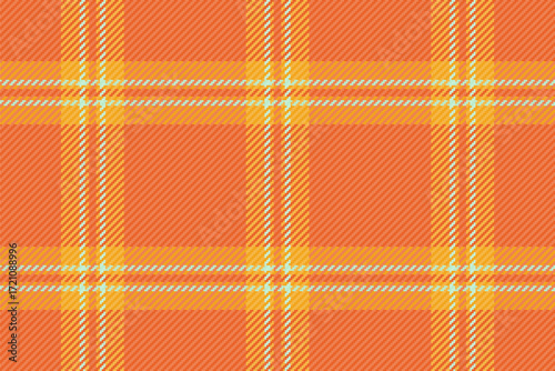 Vibrant textile pattern with orange and yellow hues, featuring intersecting lines creating a woven check. Ideal for backgrounds and designs.