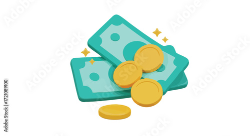 Sparkling golden coins and cash money symbolize wealth, profit, and financial success in a vibrant, modern illustration perfect for business growth concepts.