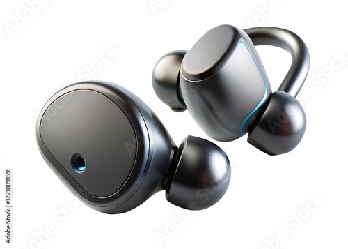 Two sleek wireless earbuds with blue accents isolated on a transparent background