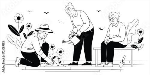 Seniors Gardening Together in Harmony.eps