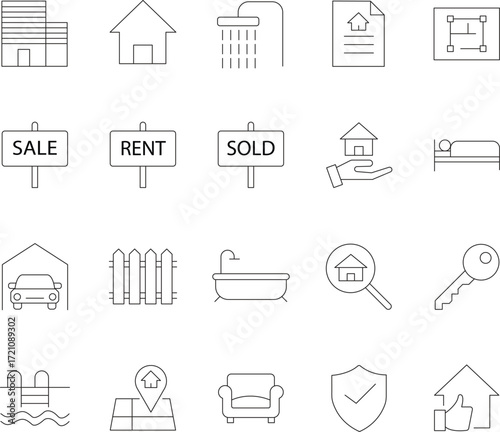 Editable stroke real estate line icons for property and business design