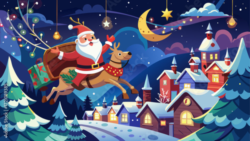 Santa flying over town on christmas night