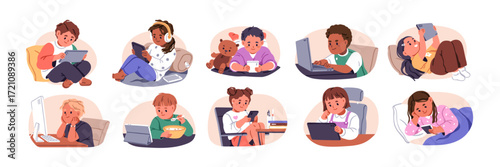 Kids with mobile phones, laptops, tablets and computers. Children and digital gadgets addiction. Smartphone screen addicted boys and girls. Flat vector illustrations isolated on white background