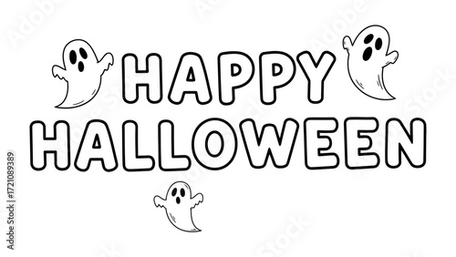 Spooky Greetings: A monochrome illustration spells out Happy Halloween with adorable cartoon ghosts in a simplistic and lighthearted design. 