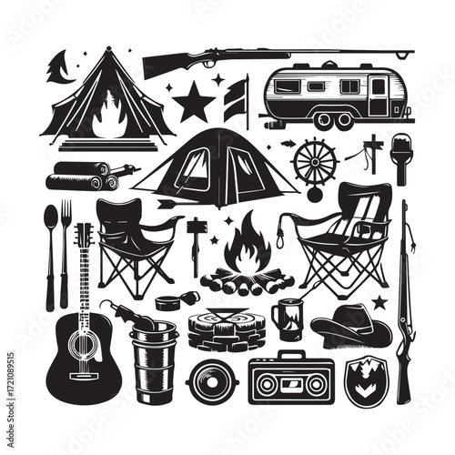 Camping and Outdoor Adventure Icons Silhouette Collection Featuring Tents Campfires Guitars and Trailers Keywords: camping, outdoor, adventure, icons, silhouette, tent, campfire, guitar, rifle