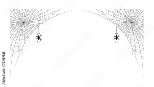 Spider Web Design: Two spiders hang precariously from intricate spiderwebs, meticulously designed, evoking the essence of Halloween. A scene of minimalist elegance.