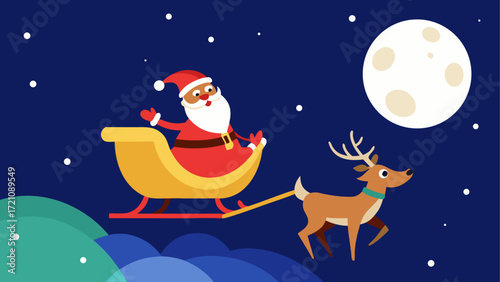 Santa in sleigh with reindeer at night sky