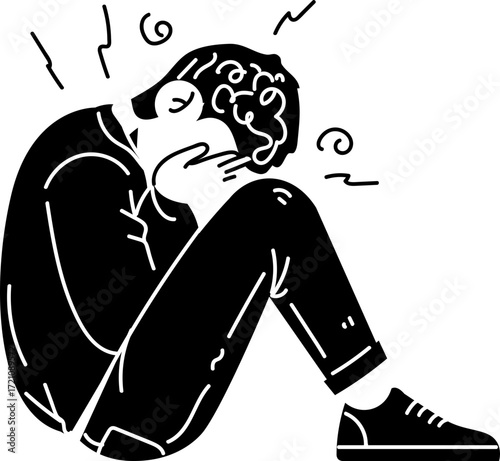 Distressed Person Huddled in Black Silhouette Overwhelmed by Thoughts.