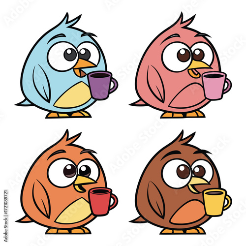 Four colorful cartoon birds are holding coffee mugs in a delightful isolated view