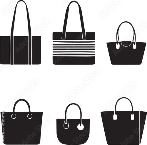 Set of Six Handbag and Tote Bag Styles Vector Silhouette Icons for Fashion and Retail