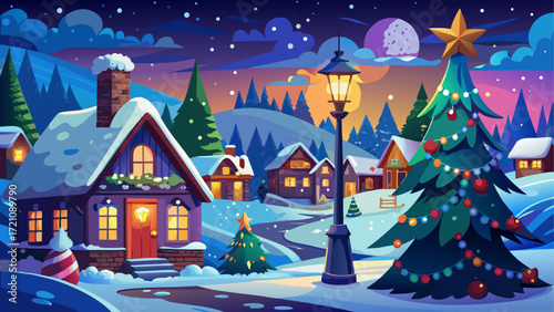 Winter village scene with christmas trees