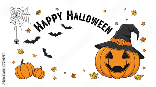 Spooky Season Greeting: A festive illustrated banner with “Happy Halloween” boldly displayed, accented by a grinning pumpkin wearing a witch hat, with a scattering of bats, leaves, and spiderweb.