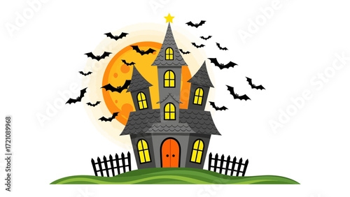 Halloween Haunted House with Bats: An illustration depicts a spooky haunted house silhouetted against a vibrant full moon, with bats soaring around.