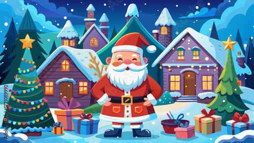 Santa claus in a snowy christmas village
