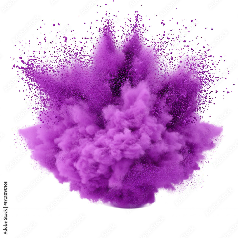Fototapeta premium Vivid purple powder bursting into dynamic cloud, dispersing against clear background with energetic color abstract and explosion visual impact
