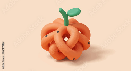 Abstract Orange Pumpkin Sculpture with Green Stem Against a Soft Peach Background