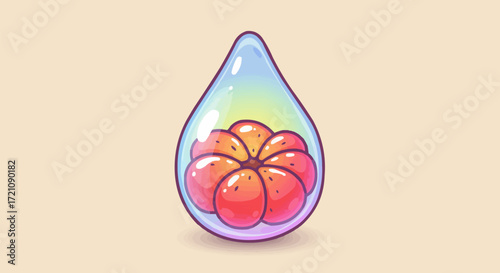 A vibrant illustration of a citrus fruit encapsulated within a clear, glossy droplet of juice, symbolizing natural essence and freshness