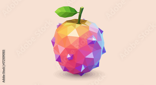 Abstract Geometric Fruit with Vibrant Polygonal Textures and Leaf
