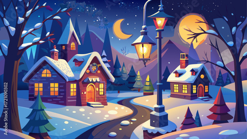 Winter landscape with houses and moonlight