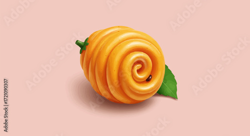 Whimsical Spiral Fruit A Digital Illustration of a Curled Citrus with Insect