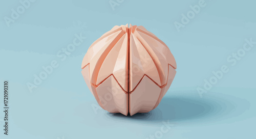 A unique, geometric, pink origami ball object on a solid light blue background, presenting a modern and abstract design