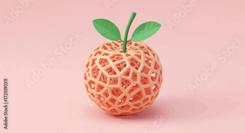 Abstract 3D rendering of a fruit with a geometric lattice structure, symbolizing modern food technology and organic innovation on a pastel background