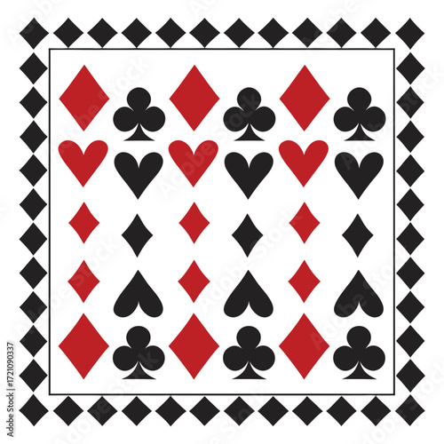 Playing card suits heart, club, spade, and diamond create a bordered pattern
