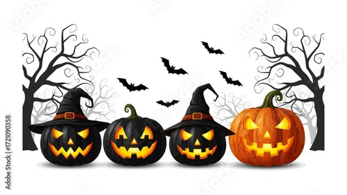Spooky Halloween: Halloween scene, A row of intricately carved jack-o'-lanterns are lit up with flickering lights under a foreboding sky, with silhouettes of bats and barren trees.